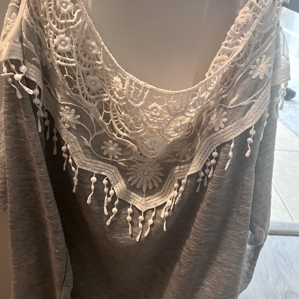 Off shoulder crochet trim sweater